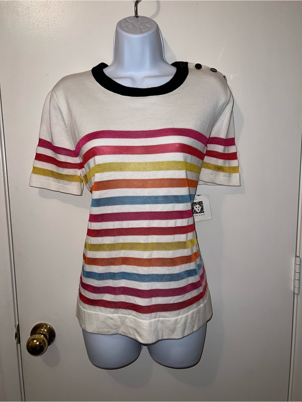 Anne Klein Cream Short-Sleeve Stripe Top with Black Trim